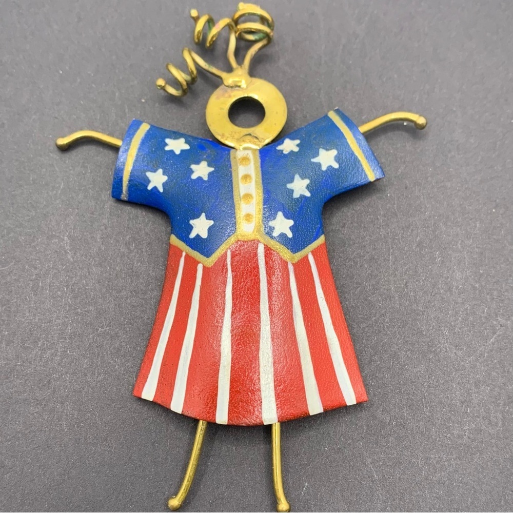 Patriotic Stars and Stripes Brooch Pin Metallic Painted Leather Folk Art